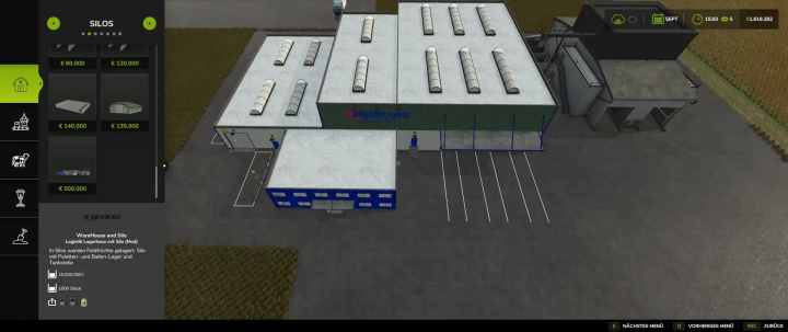 fs25-mods,  FS25 mod featuring a warehouse with a silo and gas station, showcasing storage options, in-game menu displayed on the left.