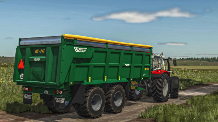 fs25-mods,  Green Western Fabrications 24T trailer attached to tractor in FS25 mod.