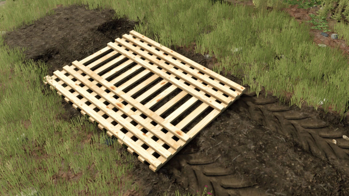 fs25-mods,  Wooden Ground Mat mod for Farming Simulator 25 displayed on grassy terrain. FS25 mods enhance gameplay experience.