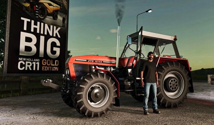 fs25-mods,  Zetor 16145 tractor from FS25 mods pack with a player next to a 'Think Big' billboard in Farming Simulator 25.