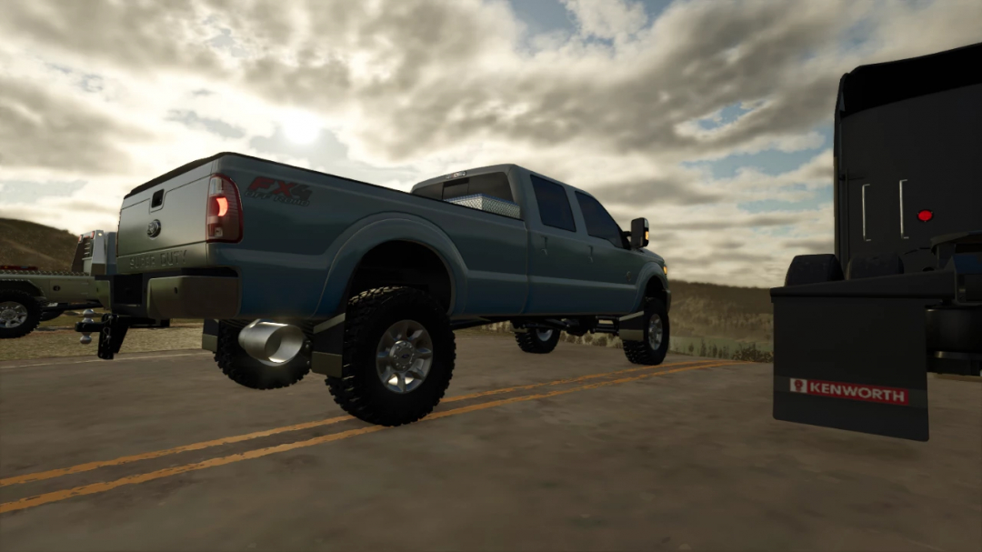 FS25 mods: 2015 Ford F350 v1.1.0.0 pickup truck mod in Farming Simulator 25, shown on a road with a cloudy sky.