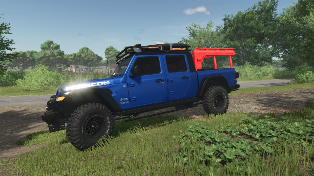 Blue Jeep Gladiator Rubicon mod in FS25, parked on grass with trees in background.