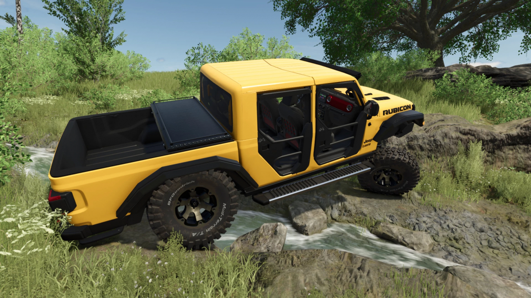 Yellow 2022 Jeep Gladiator Rubicon mod from FS25 crossing a rocky stream in Farming Simulator 25.