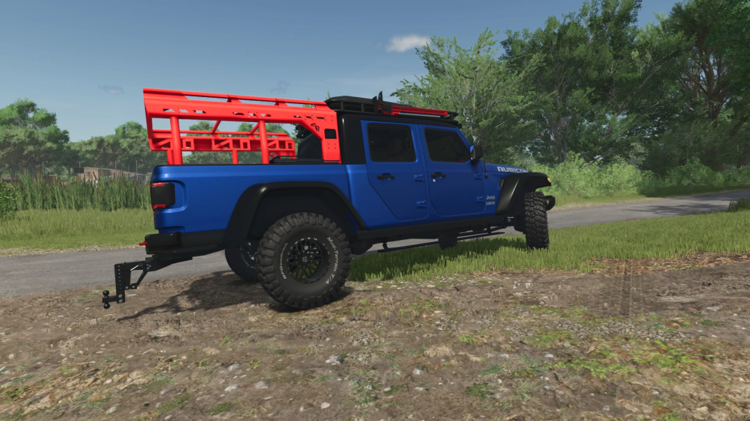 2022 Jeep Gladiator Rubicon mod for Farming Simulator 25, featuring a blue vehicle with off-road tires and a red rack.