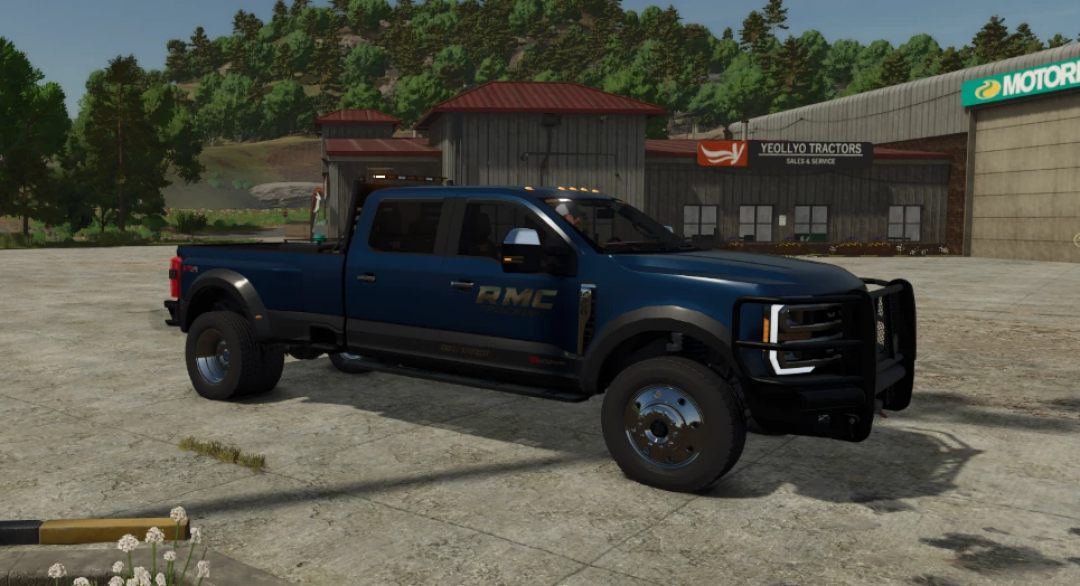 2024 Superduty King Ranch truck mod in FS25 game, parked outside Yeolloy Tractors shop.