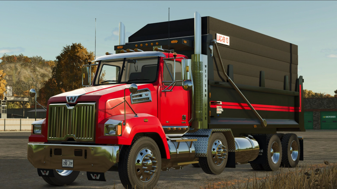 Red truck with AR Bed mod in Farming Simulator 25, parked outdoors.