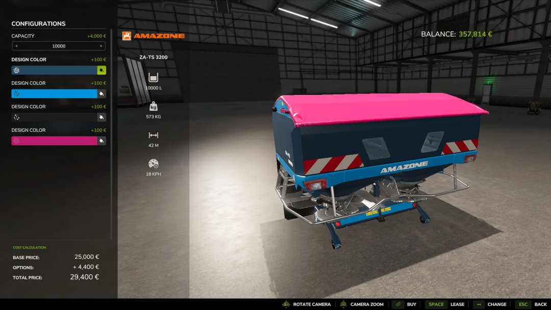 FS25 Amazone Spreaders Pack v1.1.0.0 mod interface showing design color options and specifications.