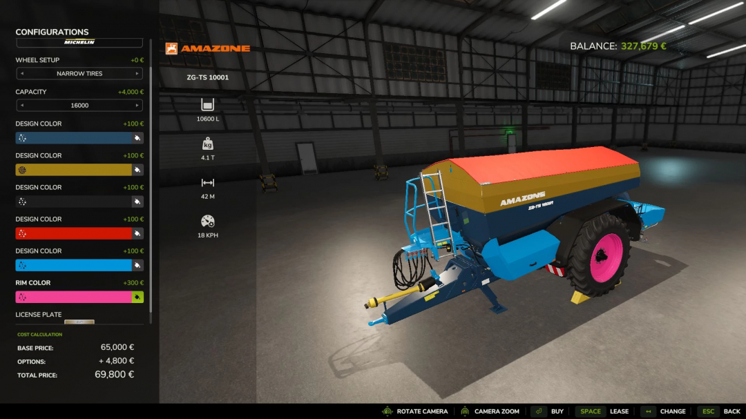 FS25 Amazone Spreaders Pack v1.1.0.0 configuration screen showing design options.