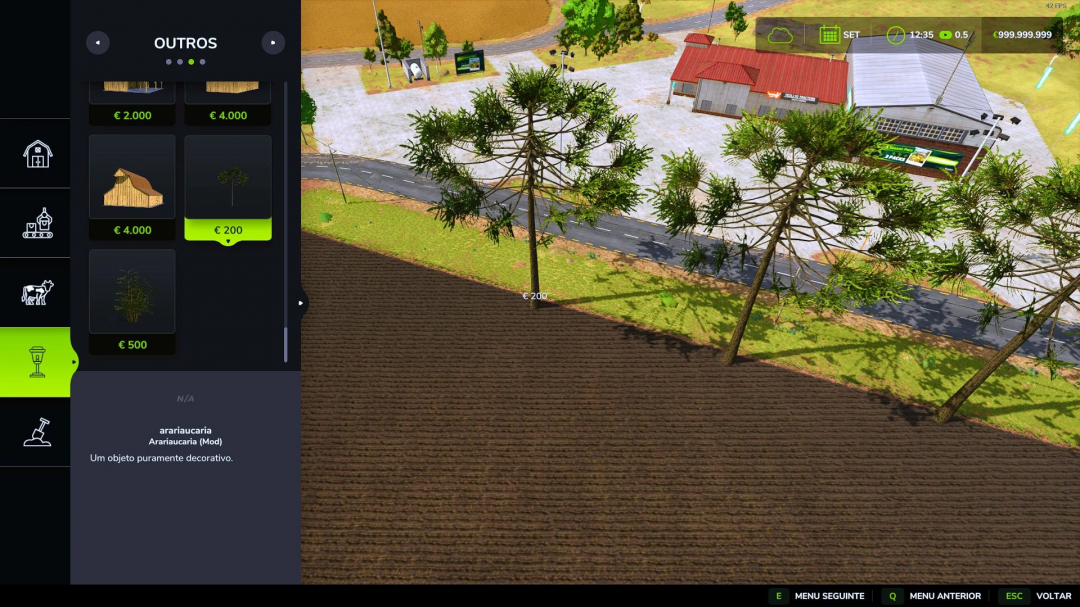 FS25 Araucaria mod v1.1.0.0 showing tree placement in Farming Simulator 25.