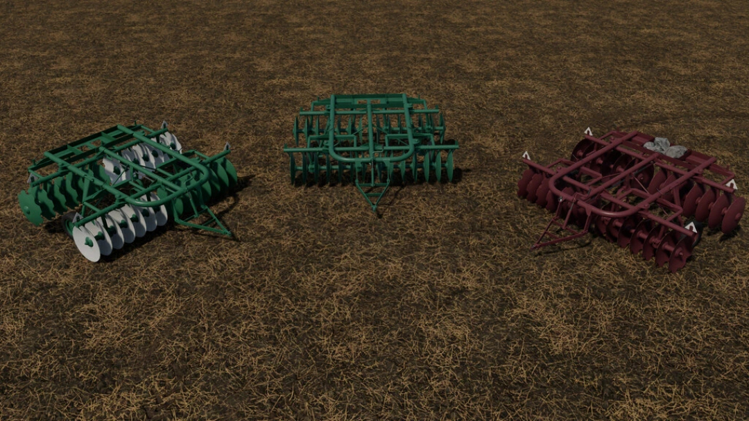 Three agricultural cultivators in green and red on a field, part of FS22 mods for Farming Simulator 22.