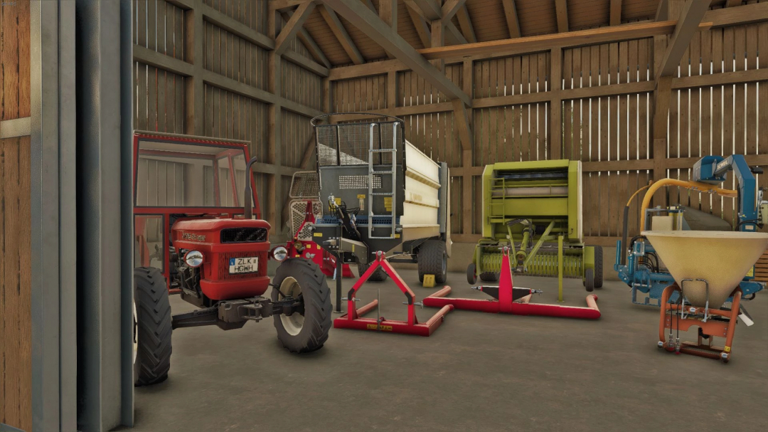 Bavarian Barns mod for FS25 featuring farm equipment inside a wooden barn.