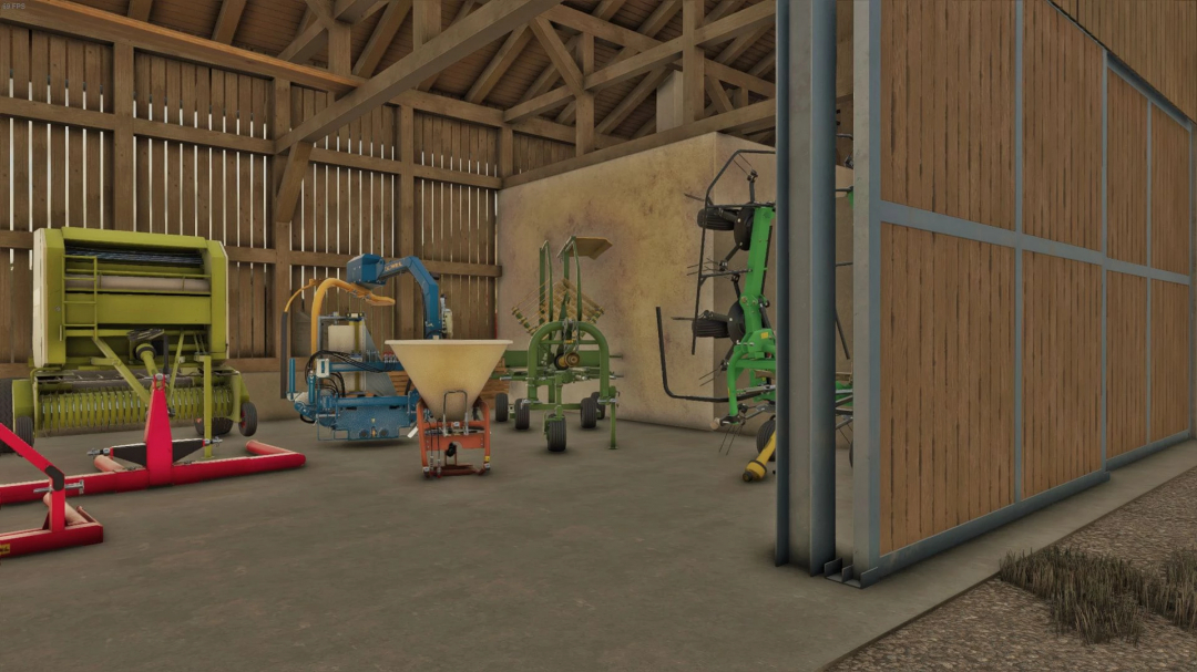 Interior of Bavarian Barns mod in Farming Simulator 25 with various farm equipment.