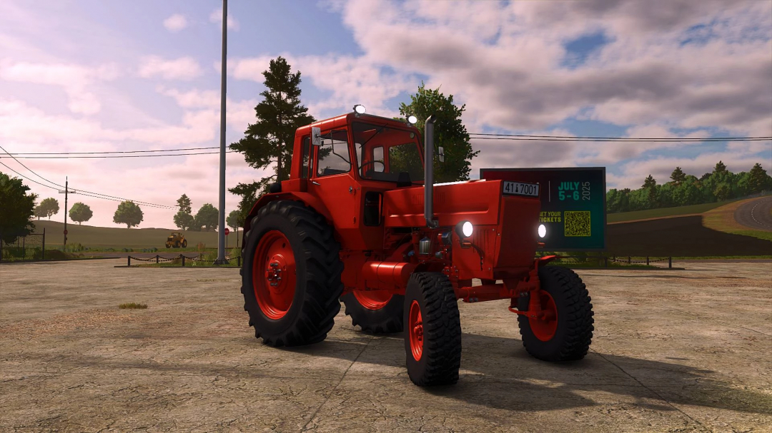 Red Belarus MTZ 80 tractor mod in Farming Simulator 25, parked on a country road, showcasing FS25 mods.