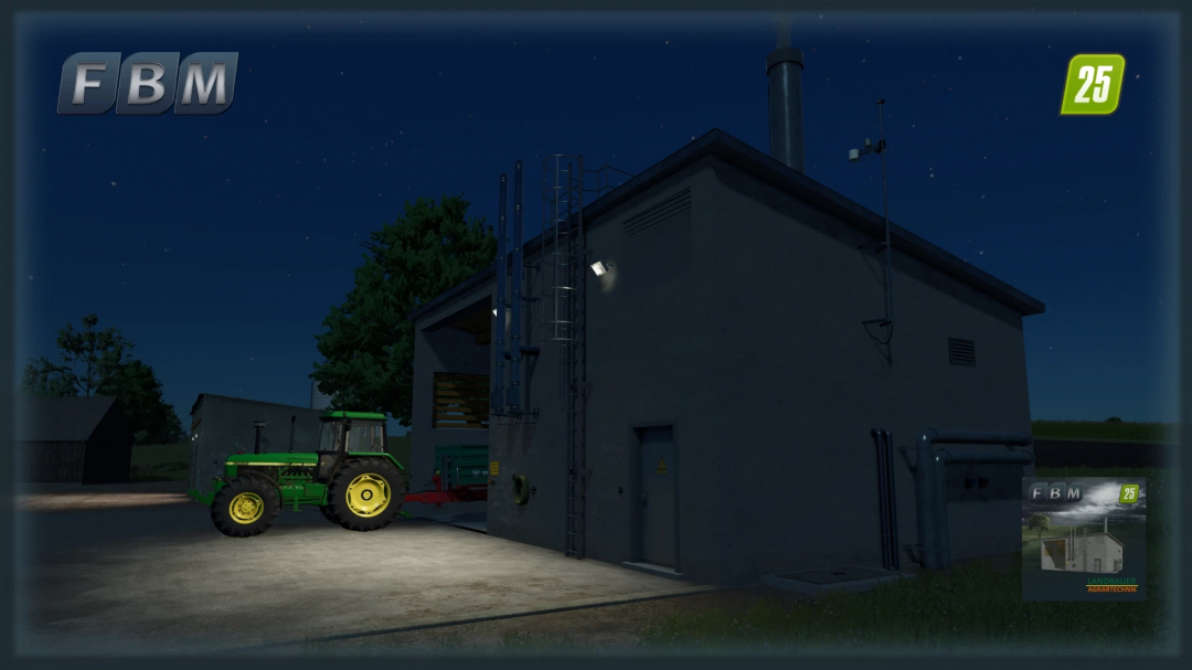 FS25 mod Biomass BHP plant DE v1.1.0.0 at night with green tractor in Farming Simulator 25.