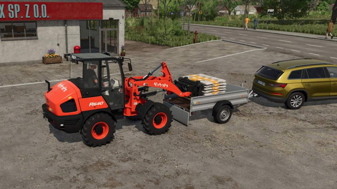 FS25 Boeckmann TL-AL Pack v1.0.0.0 mod showing a loader placing fertilizer bags on a trailer hitched to a car.