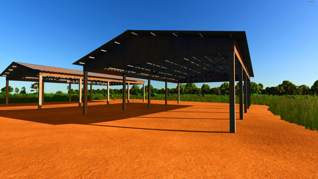 Open Brasilian Shed mod for FS25, featuring wide metal structure on dirt ground with trees in the background.