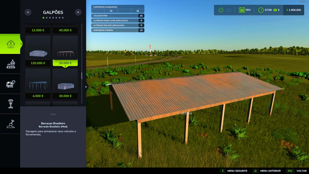 FS25 Brasilian Shed v1.1.0.0 mod featuring a metal-roofed structure in a grassy field with game menu displayed on the left.