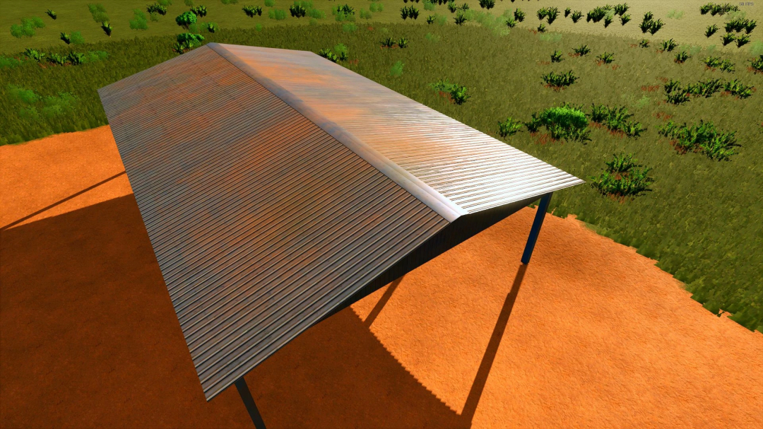 FS25 mod Brasilian Shed v1.1.0.0 featuring a large metal roofed structure on a dirt ground surrounded by greenery.