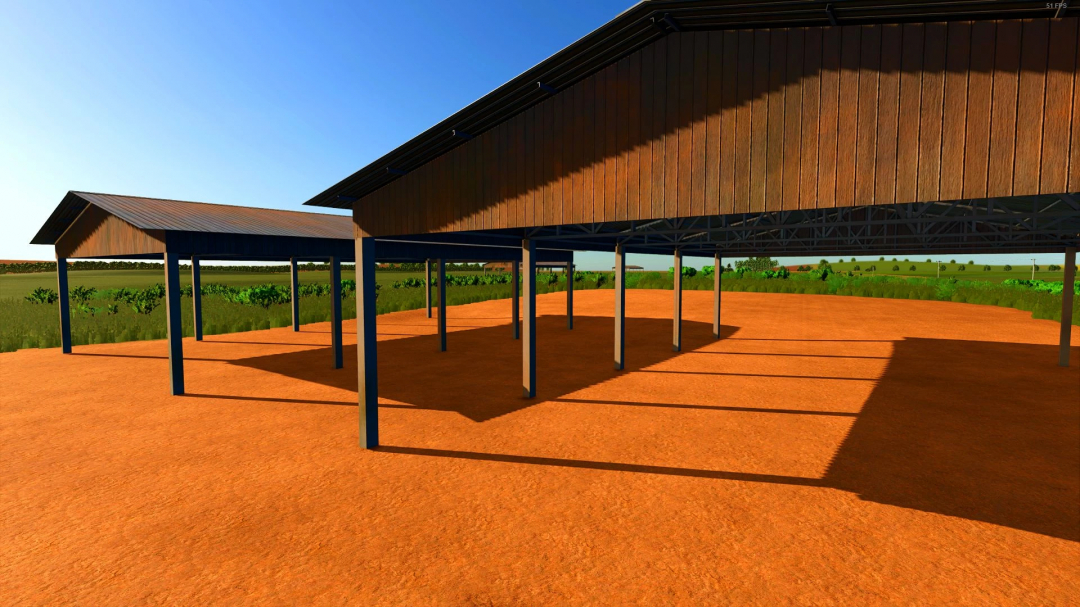 Large Brasilian Shed in Farming Simulator 25 mod, version 1.1.0.0. Open structure on a dirt floor under a clear blue sky.