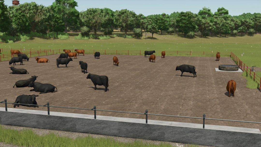 Buildable Feedlot Pack mod for FS25 showing a feedlot with cattle in Farming Simulator 25.