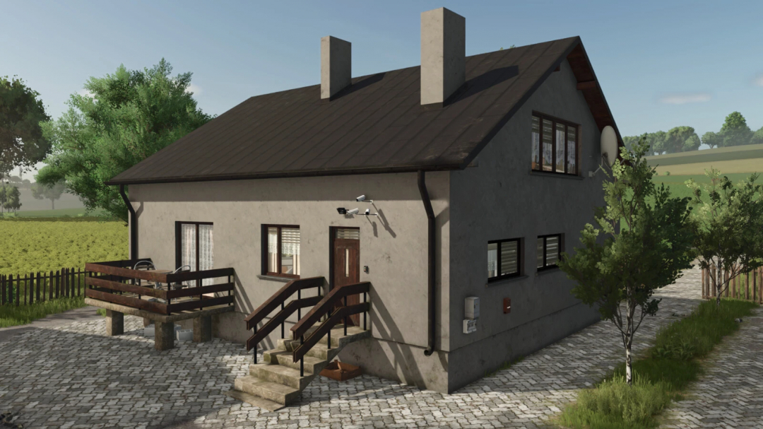 FS25 mod Buildings Package v1.0.0.0 showcasing a farmhouse with patio, set in a rural landscape.