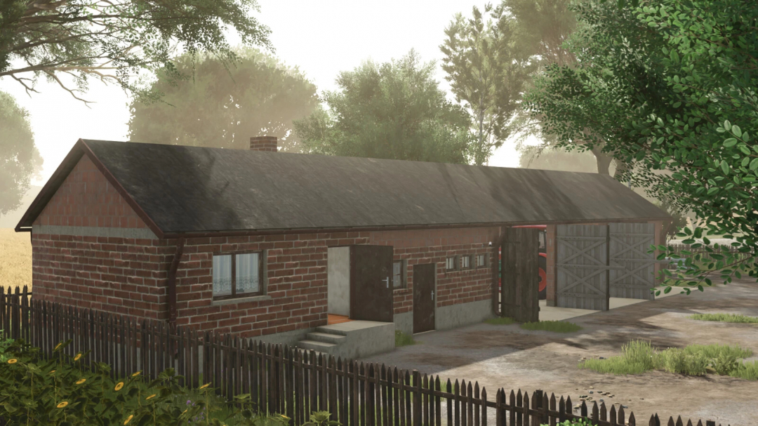 Brick building mod from FS25, showcasing a farm structure with wooden doors and surrounding greenery in Farming Simulator 25.