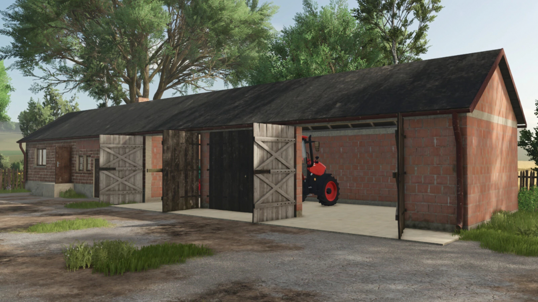 FS25 mod Buildings Package v1.0.0.0 showing a red brick garage with open wooden doors and a tractor inside.