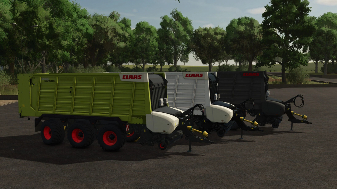 FS25 mod CLAAS Cargos 9500 v1.0.0.0, green forage wagons in a forested area.