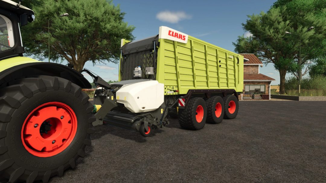 CLAAS Cargos 9500 mod in Farming Simulator 25, showcasing a detailed agricultural trailer with trees in the background.