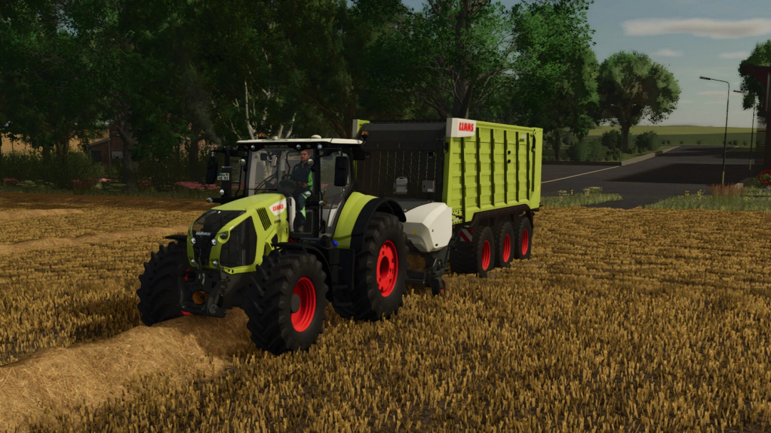 CLAAS Cargos 9500 mod in FS25, showing a tractor pulling a green forage wagon on a farm field.