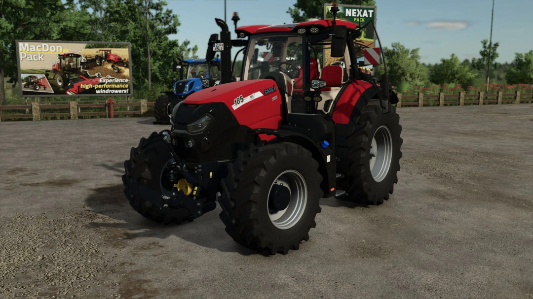 FS25 CNH Pack v1.0.0.0 mod features a red tractor parked with a MacDon Pack billboard in the background.