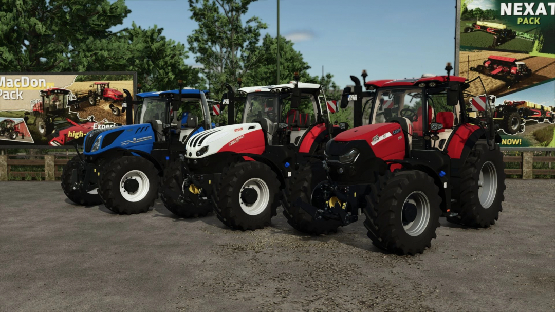 Three tractors from the CNH Pack mod for Farming Simulator 25, showcasing different models in front of promotional signage.