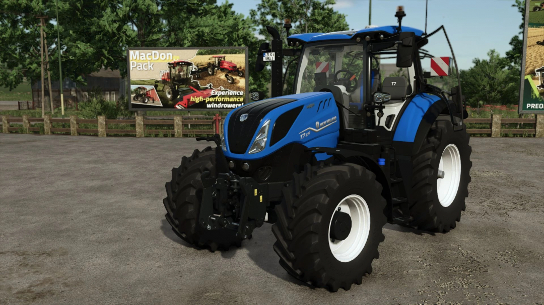 FS25 CNH Pack mod featuring a blue New Holland tractor with a MacDon advertisement board in the background.