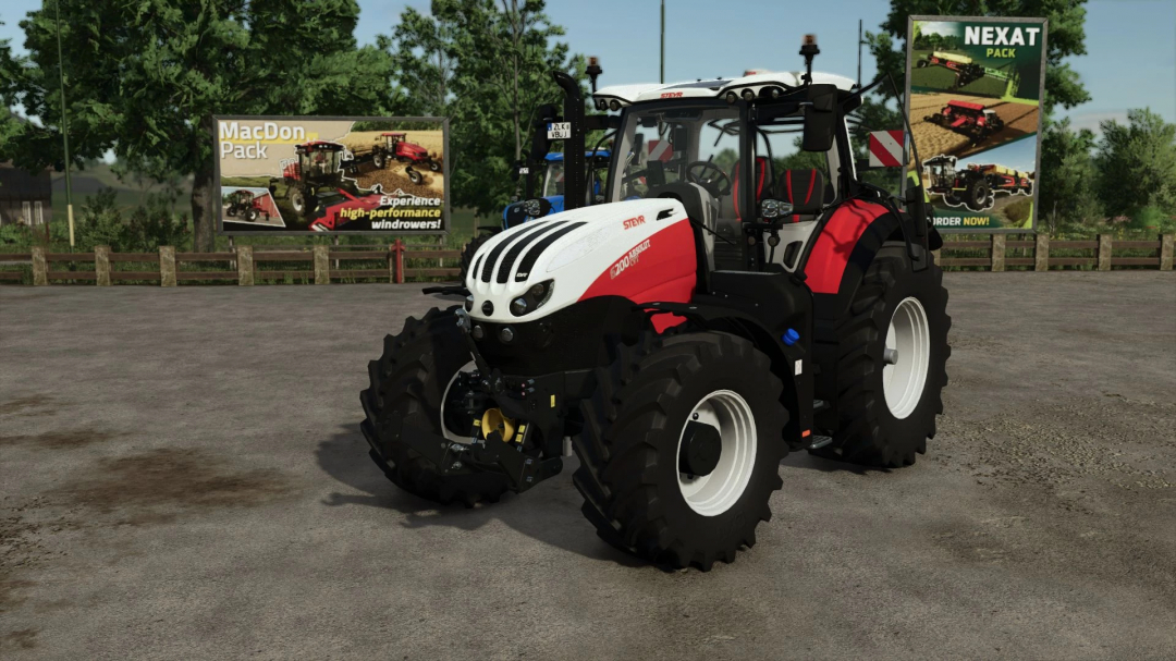 Red and white tractor from CNH Pack mod in FS25, parked on concrete with advertising signs in the background.