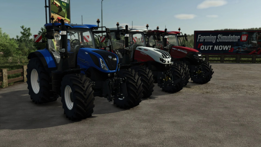 FS25 CNH Pack v1.0.0.0 featuring tractors in blue, white, and red on a farm with Farming Simulator 25 billboard.