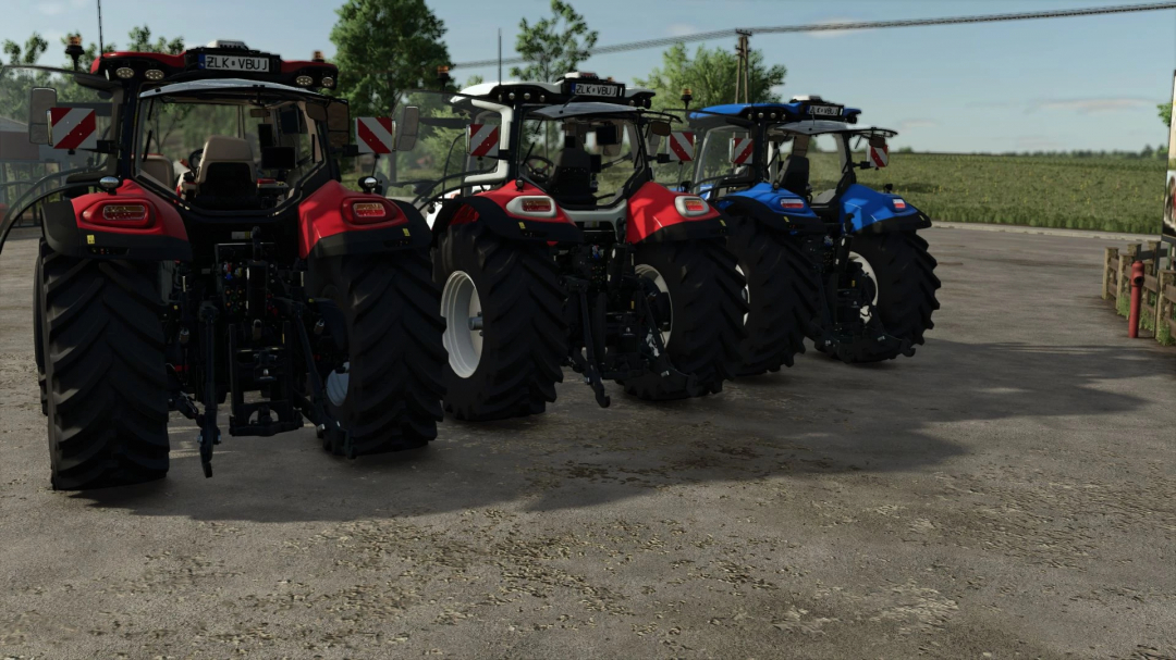 FS25 CNH Pack v1.0.0.0 mod tractors lined up, featuring red and blue designs.