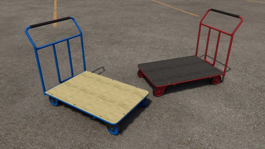 FS25 mods: Cargo Cart v1.0.0.0 featuring two flatbed carts with blue and red frames in Farming Simulator 25.