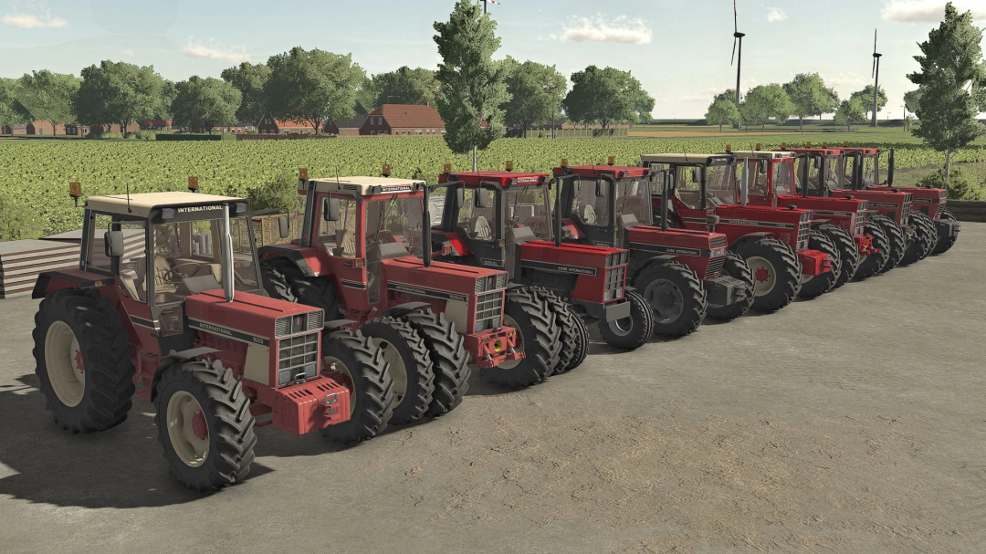 Line of red Case IH tractors from FS22 mod Case IH 55/56 Series Edit v1.1.0.0.