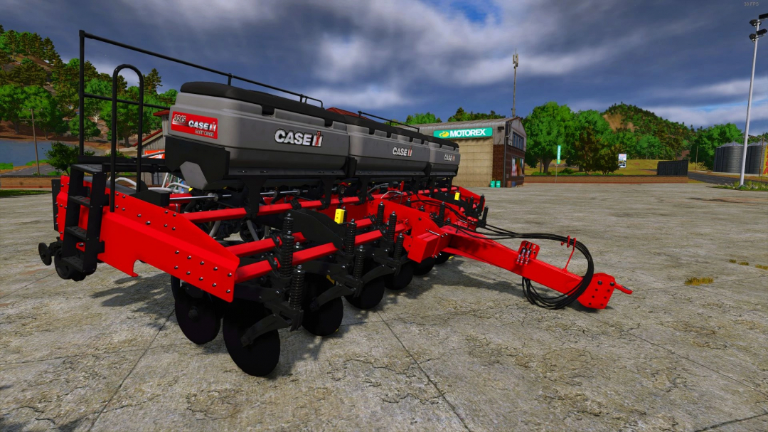 Case IH Easy Riser 3215 mod in FS25, showcasing farming equipment on concrete with scenic background.