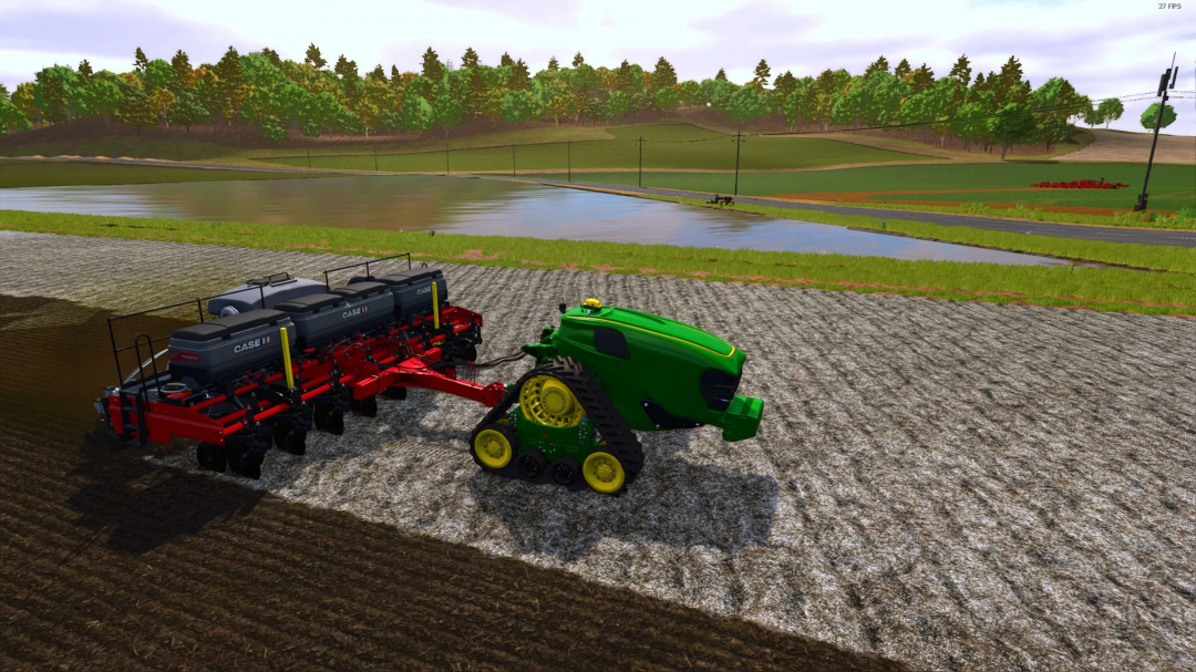 Farming Simulator 25 mod showing Case IH Easy Riser 3215 v1.1.0.0 planter attached to a green tractor on a field.