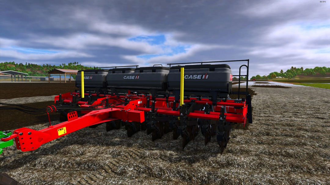 Case IH Easy Riser 3215 mod in FS25, showcasing red farming equipment on plowed field.