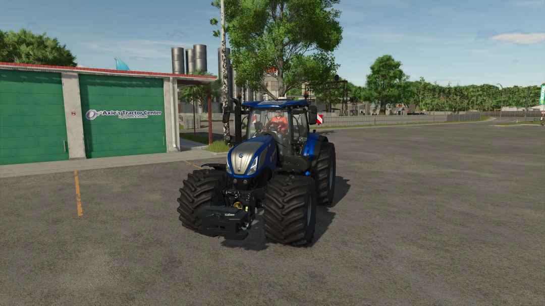 FS25 mod image showing a New Holland T7 tractor at Axle's Tractor Center in Farming Simulator 25.