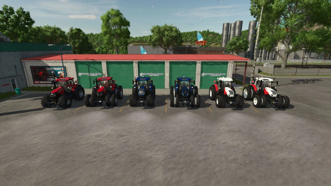 Lineup of tractors in FS25 mods: Case IH Puma, New Holland T7, Steyr Absolut at dealership.