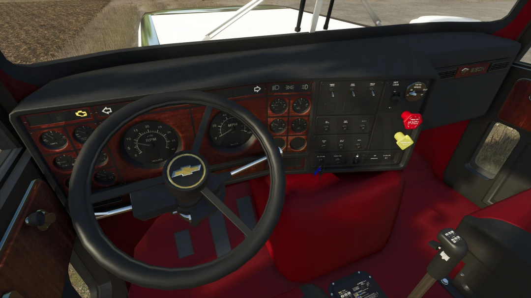 Chevy Bison v1.2.1.0 dashboard in FS25 mod, featuring detailed gauges and controls.