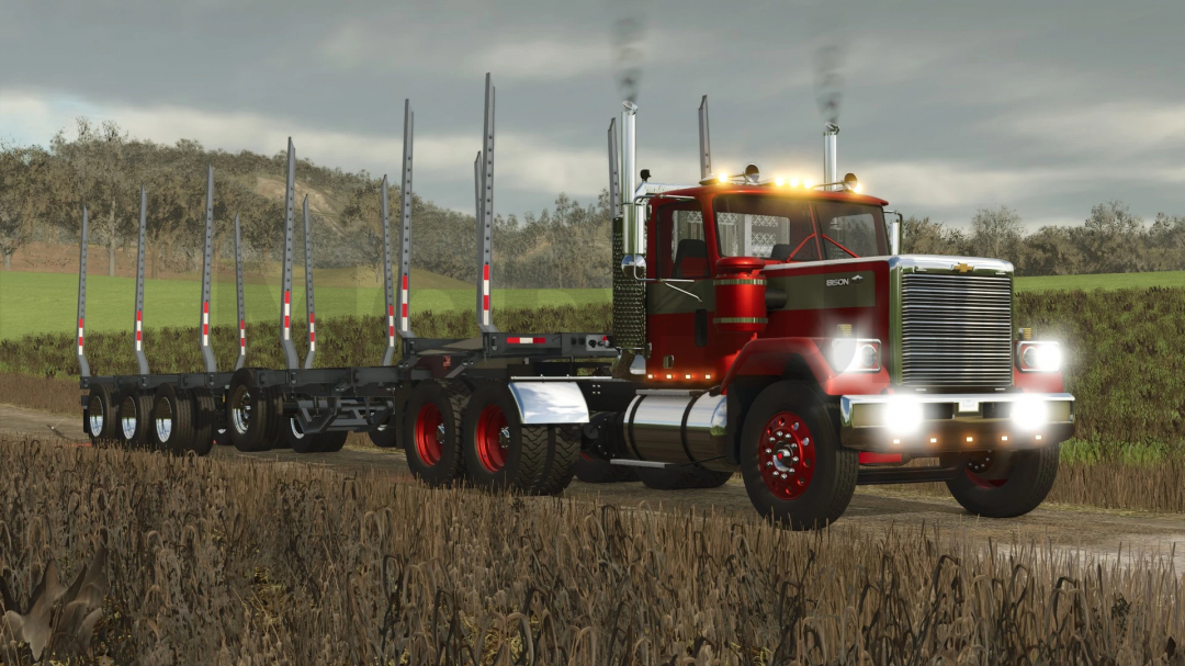 Chevy Bison truck mod in FS25 with a trailer, showcasing logging capabilities in Farming Simulator 25 environment.