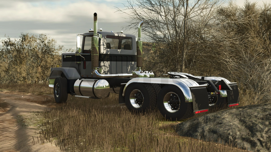 Chevy Bison truck mod in FS25 parked on a rural dirt path with trees around.