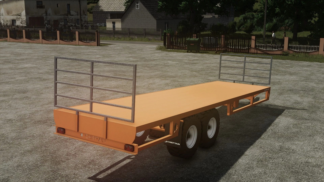 Chieftain tray v1.0.0.0 mod for FS25, orange flatbed trailer with metal rails in Farming Simulator 25.