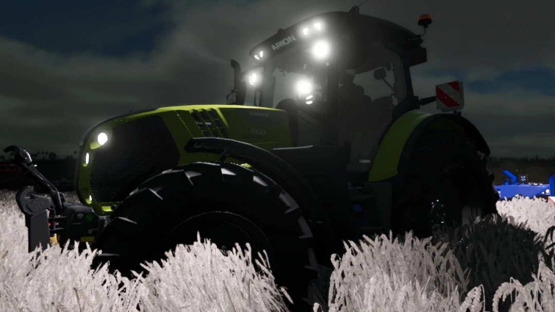 Claas Arion 600 Night Edition in FS25 mod, illuminated at night in a field.