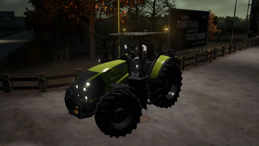 FS25 mod image of Claas Arion 600 Night Edition tractor with headlights on in a rural setting.