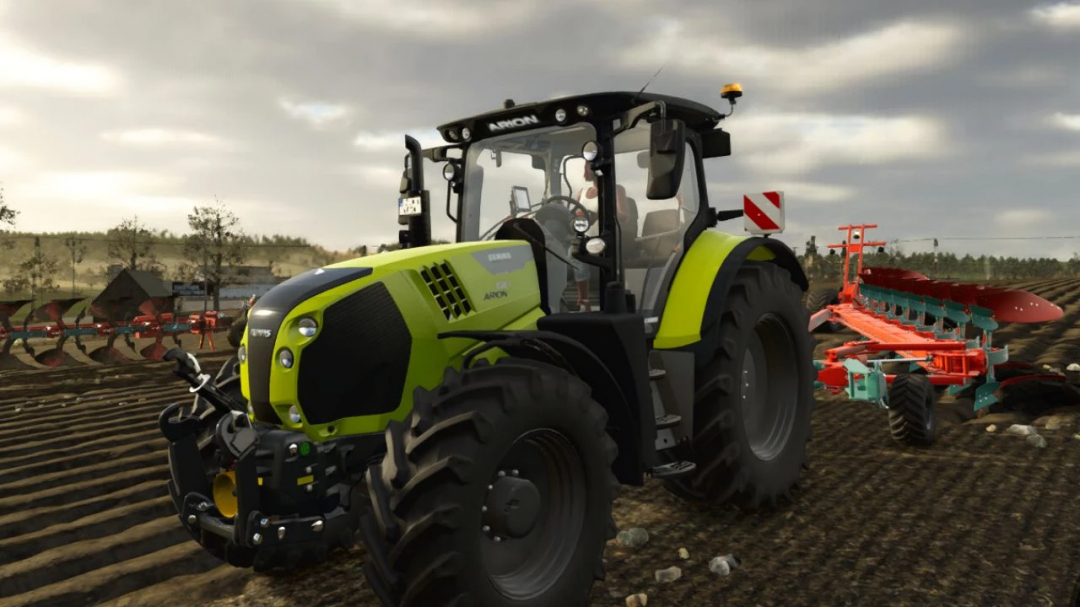 Claas Arion 600 Night Edition mod in FS25, plowing a field under cloudy skies.